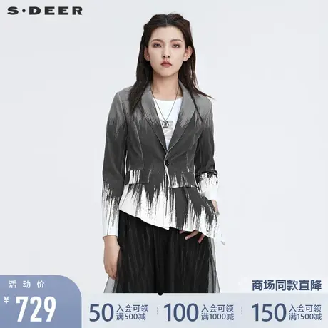 sdeer圣迪奥女装22春夏新款水墨印花不规则拼接西装外套S22182204🚯图片