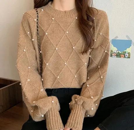 【直播】粉红大布娃娃宽松钉珠针织衫商品大图