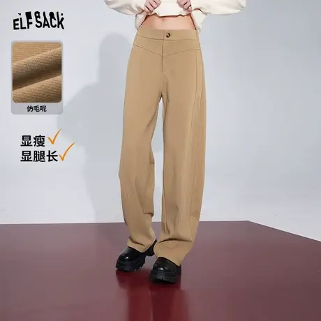 妖精的口袋咖色毛呢阔腿休闲裤女2023冬季新款高腰设计感宽松长裤图片