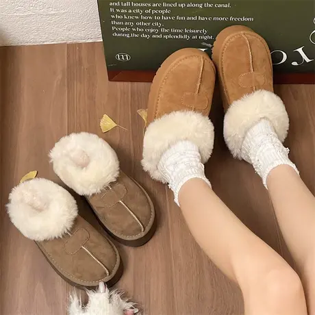 包头半拖鞋女外穿2023年秋冬季复古保暖毛毛鞋网红松糕厚底棉拖潮商品大图