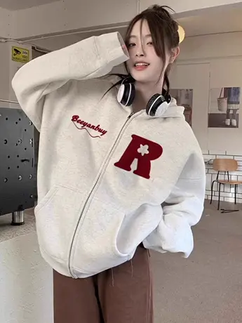 oversize卫衣女秋冬季小个子高级感上衣连帽加绒加厚开衫拉链外套商品大图