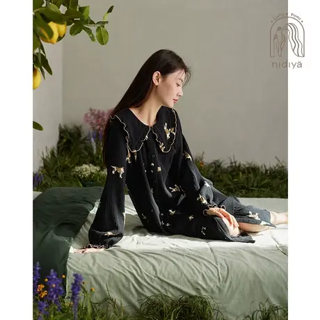 妮狄娅2024睡衣睡裙女春秋季纯棉纱布长袖宽松中长款可外穿家居服商品大图