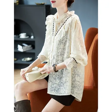 宝诗黎花边领镂空蕾丝衬衫女2024春季新款长袖法式高级感别致衬衣图片