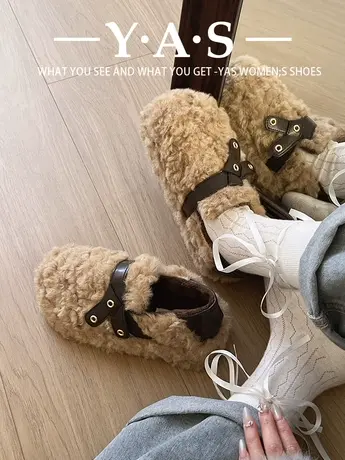 时尚平底毛毛鞋女2023年秋冬新款韩版潮流爆火加绒懒人一脚蹬棉鞋商品大图