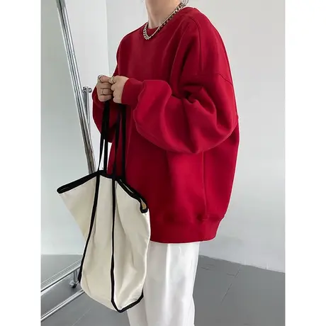 酒红色卫衣高级感秋冬2024年新款爆款加绒加厚女款大红色圆领上衣图片