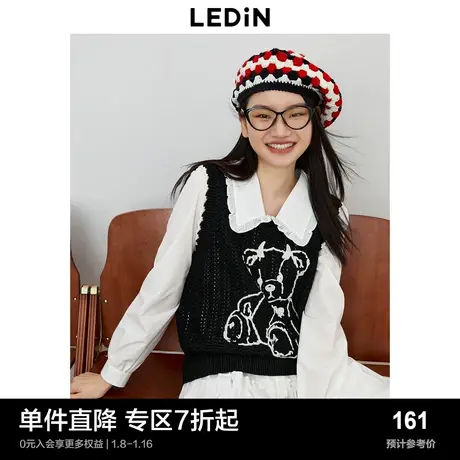 乐町新品甜美镂空针织背心女秋季新款女装黑色小熊叠穿马甲图片