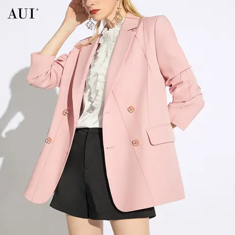 AUI粉色高级感职业西装外套女2024春新款高端小个子廓形休闲西服图片
