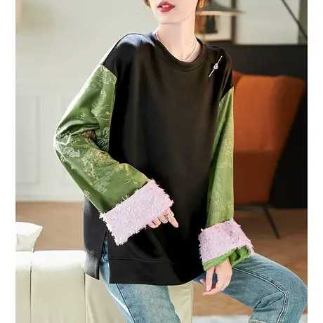 宝诗黎圆领丝绒刺绣拼接卫衣女2024春季宽松休闲新款百搭棉质上衣图片