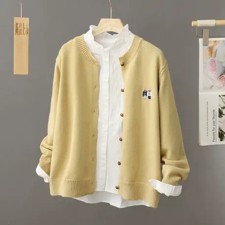 小香风针织开衫毛衣外套女春秋2024新款宽松外穿韩版短款黄色上衣图片