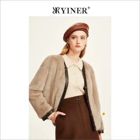 YINER音儿女装2022冬季新款时尚洋气撞色羊皮包边水貂皮草商品大图