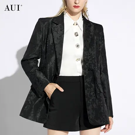 AUI黑色设计感提花西装外套女2024春秋新款质感高级小众修身西服图片