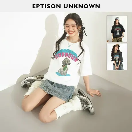 EPTISON短袖T恤女2024夏季新款白色宽松印花减龄小众独特休闲上衣图片