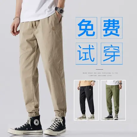 夏天卡其色男士高级感纯棉工装夏季薄款男生束脚休闲裤子2023新款商品大图