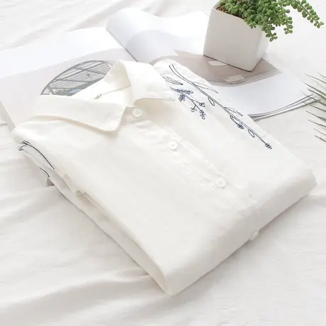 春秋季文艺小清新柳条刺绣双层纱纯棉长袖衬衫女宽松百搭打底上衣商品大图