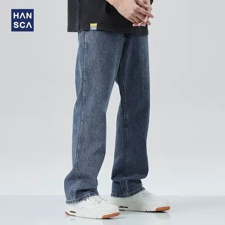 hansca微喇牛仔裤男宽松休闲春季新款潮牌复古蓝色直筒垂感阔腿裤商品大图
