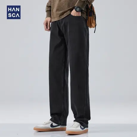 hansca黑色牛仔裤男直筒宽松阔腿休闲裤子秋款复古高街潮牌长裤子商品大图