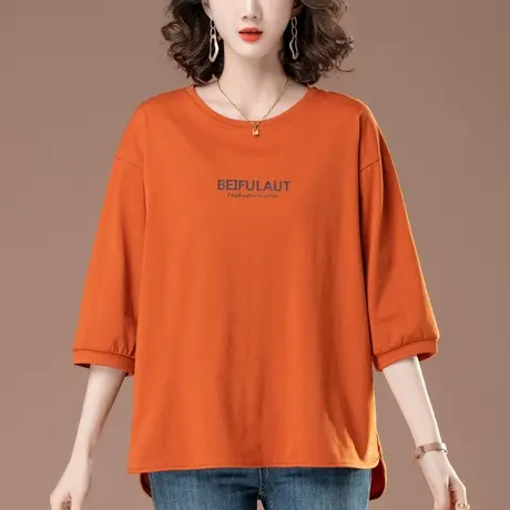 七分袖t恤女夏季新款加肥加大码女装宽松中年妈妈圆领中袖打底衫图片
