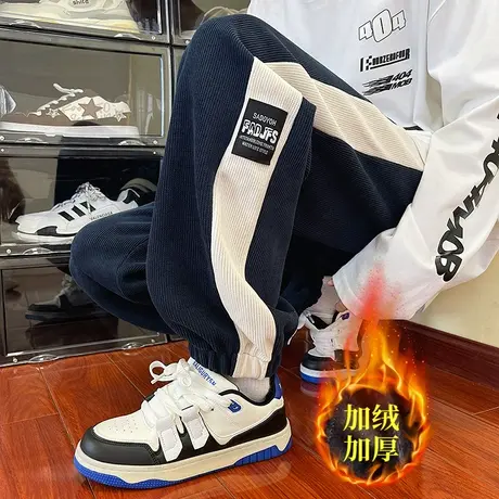 灯芯绒卫裤男秋冬侧边条纹阔腿束脚裤子美式重磅加绒运动休闲长裤商品大图
