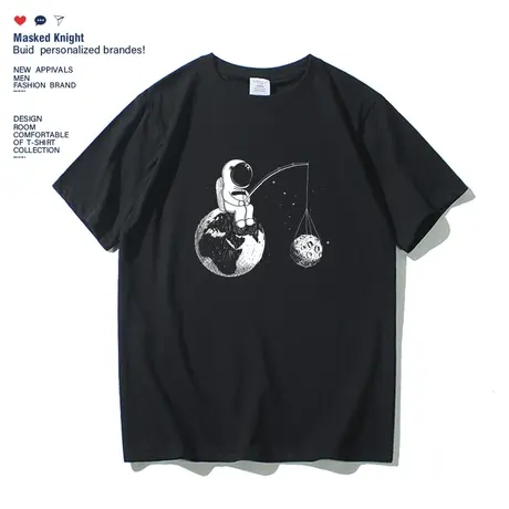 夏装潮牌宇航员印花黑色短袖t恤韩版宽松原宿bf风夏季学生半袖潮图片