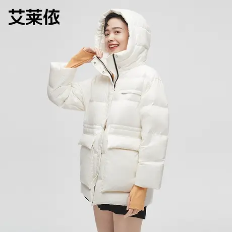 艾莱依短款羽绒服女2021年新款白鸭绒连帽大牌时尚外套冬白色加厚商品大图