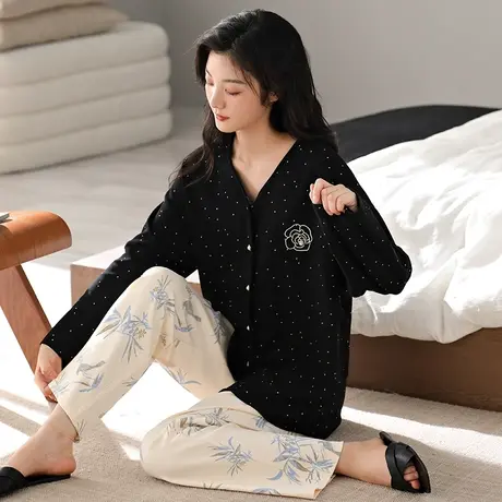 婷美2023年新款睡衣女春秋季纯棉开衫V领长袖简约冬天家居服套装商品大图