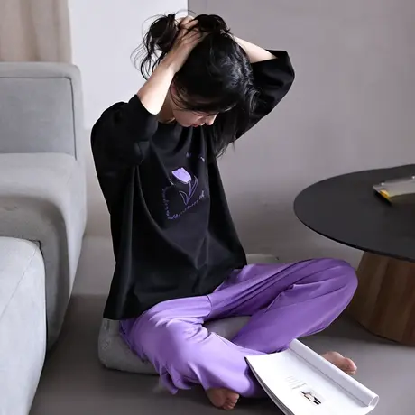 婷美秋冬季睡衣女圆领长袖纯棉学生ins宿舍可外穿家居服春天套装商品大图