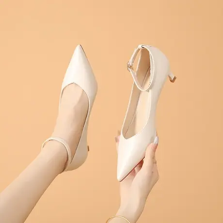 白色职业高跟鞋女气质高级2023新款秋季尖头细跟一字带软皮工作鞋商品大图