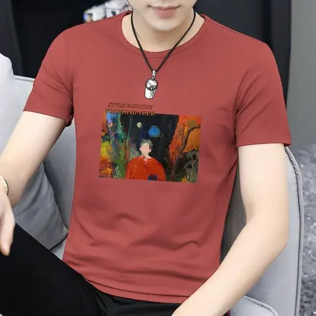 莫代尔冰丝t恤男士短袖冰丝速干凉感圆领上衣服夏季潮流半袖体恤商品大图