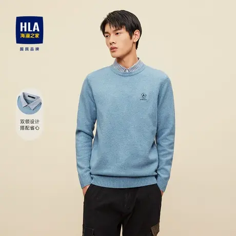 HLA/海澜之家包芯纱条纹双领针织衫冬季胸前刺绣假两件保暖毛衣男图片