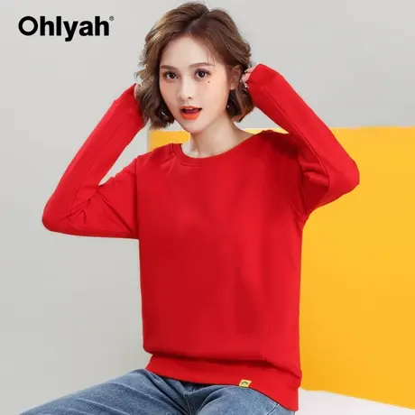 Ohlyah品牌红色卫衣女男情侣装2023春秋套头圆领长袖新年装打底衫商品大图