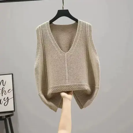 秋冬新款马甲女V领桂花针毛衣宽松套头坎肩纯色文艺复古针织背心图片