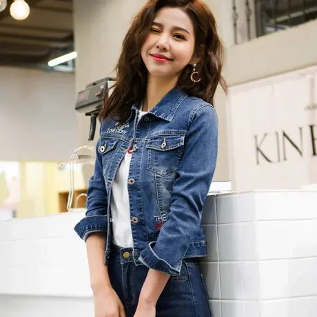 牛仔外套女短款修身韩版新款显瘦学生长袖春秋牛仔服上衣刺绣弹力图片