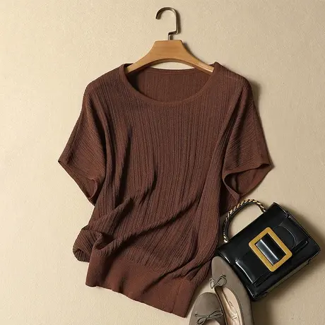 2023春夏装新款短袖t恤女薄款韩版宽松蝙蝠袖冰丝针织衫上衣女潮图片