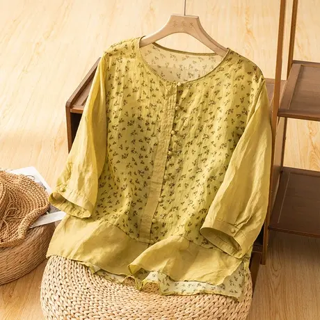 享永子七分袖苎麻碎花上衣女夏文艺复古棉麻T恤宽松显瘦2023新款商品大图