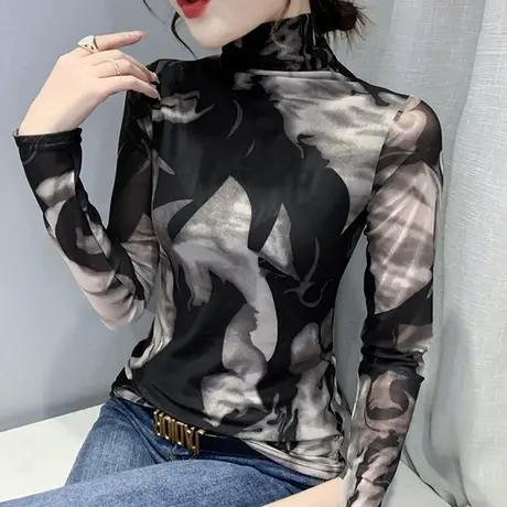 春秋2023新款扎染网纱T恤女长袖内搭加绒打底衫修身气质高领上衣商品大图