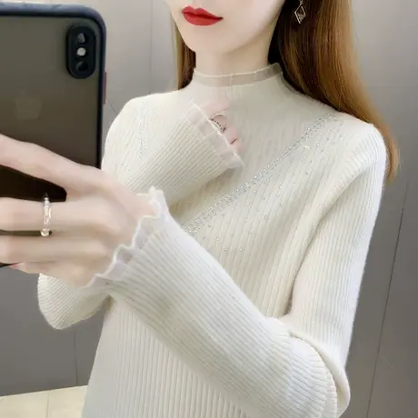 半高领打底衫毛衣女2022秋冬新款修身内搭套头蕾丝镶钻针织衫上衣图片