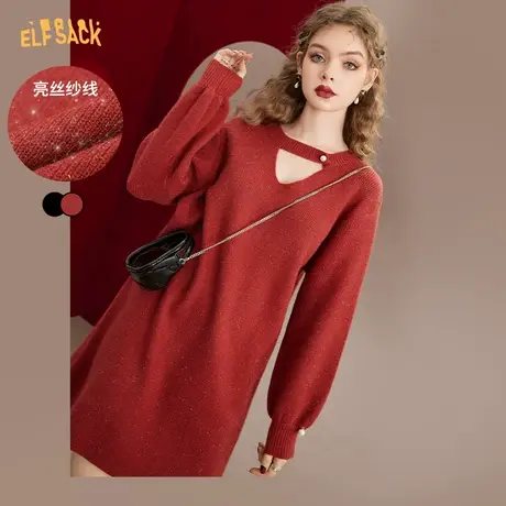 妖精的口袋挂脖亮丝红色针织连衣裙女2022秋冬季新年战袍打底裙子图片