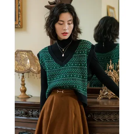 弥古民族风菱格针织马甲无袖坎肩背心女春秋v领高级感小坎肩马夹图片