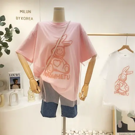 ins超火网红兔子T恤2021夏款韩国东大门蕾丝假两件T恤设计感宽松商品大图