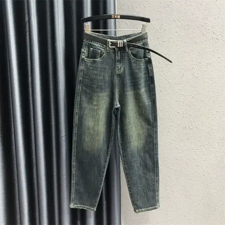 欧货纯色小脚牛仔长裤女2023秋季新款高腰宽松显瘦弹力哈伦裤垮裤商品大图