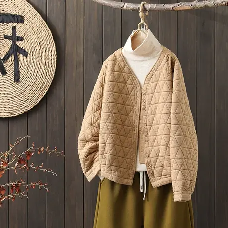 枫谜2022年冬季新款复古文艺短款V领薄棉衣女士休闲百搭外套图片