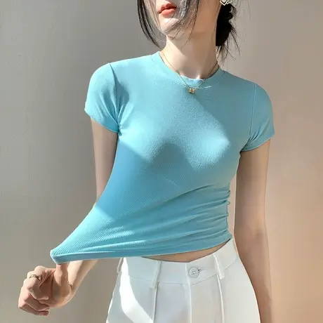 纯色螺纹短袖T恤女夏新款性感甜辣修身内搭半袖baby蓝打底衫短款商品大图