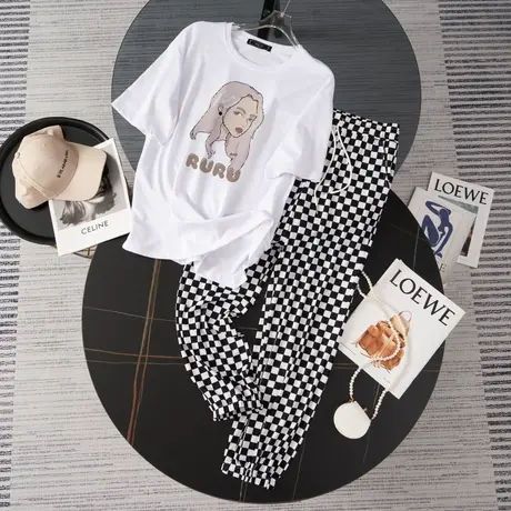 网红盐系炸街运动服套装女夏季薄款宽松短袖长裤小个子休闲两件套图片