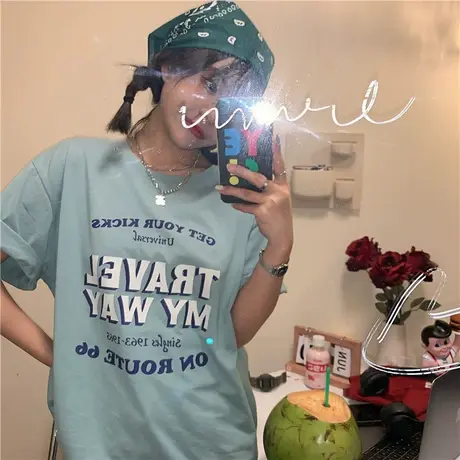 港风ulzzang原宿风字母百搭盐系少女纯棉短袖T恤ins上衣新款韩版图片