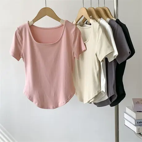 莫代尔高腰短款短袖T恤女夏季薄款垂感纯色舞蹈瑜伽服打底衫女商品大图