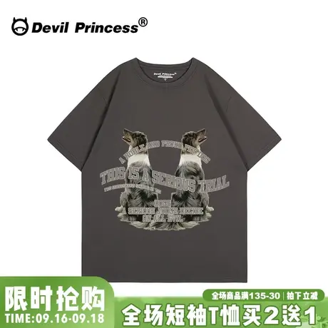 oversize宽松大版深灰色短袖女t恤2023新款街头潮牌正肩上衣ins潮商品大图