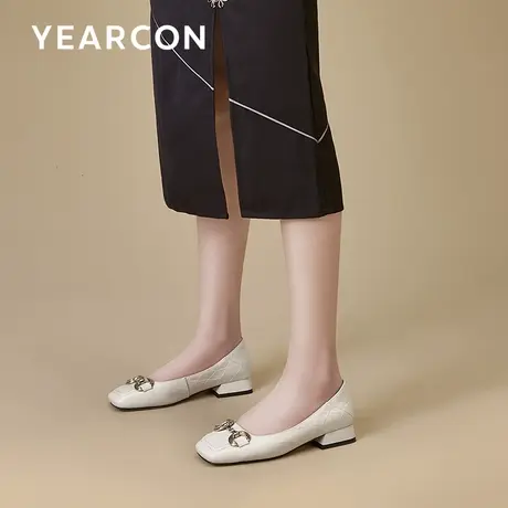 意尔康粗跟浅口单鞋女2023年秋季新款真皮休闲平底女鞋方头小皮鞋商品大图