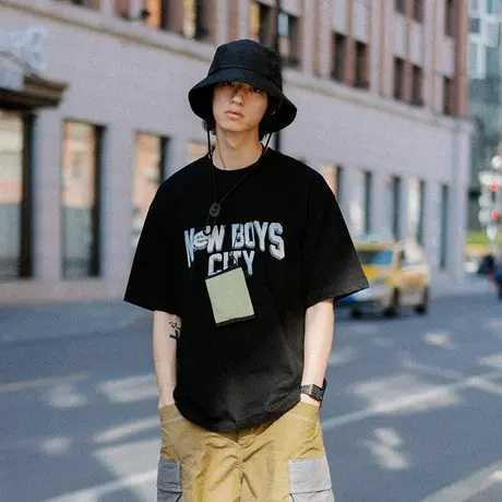 奕飏cityboy系列重磅磨毛街头潮流宽松落肩t恤男2020新款潮牌短袖图片