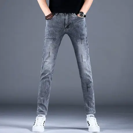 男士烟灰色印花牛仔裤男春秋男款2023新款小脚裤修身休闲裤子潮牌商品大图