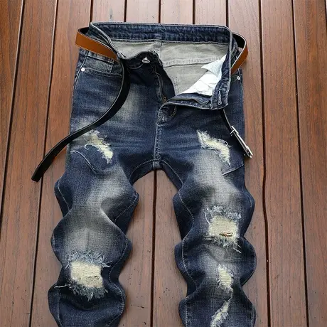 秋冬弹力牛仔裤男修身小脚破洞潮牌刮痕洗水中腰长裤子复古补丁裤图片